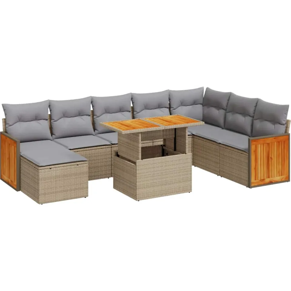 vidaXL 9-delige Loungeset met kussens poly rattan acacia beige, foto 3