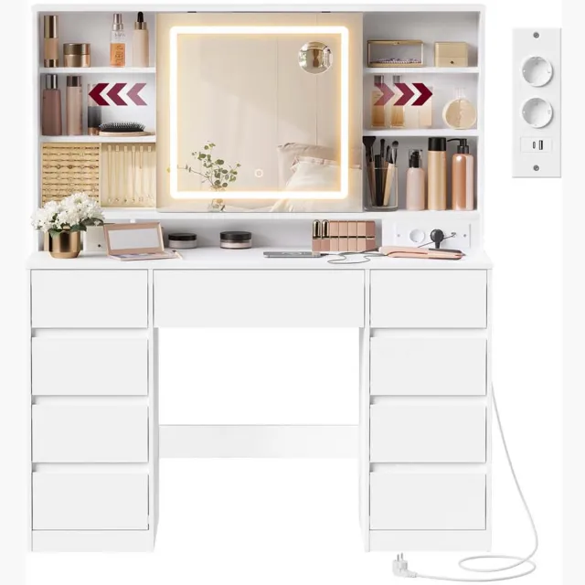 Songmics Kaptafel – Met LED-spiegel, stopcontact en 9 lades Wolkenwit
