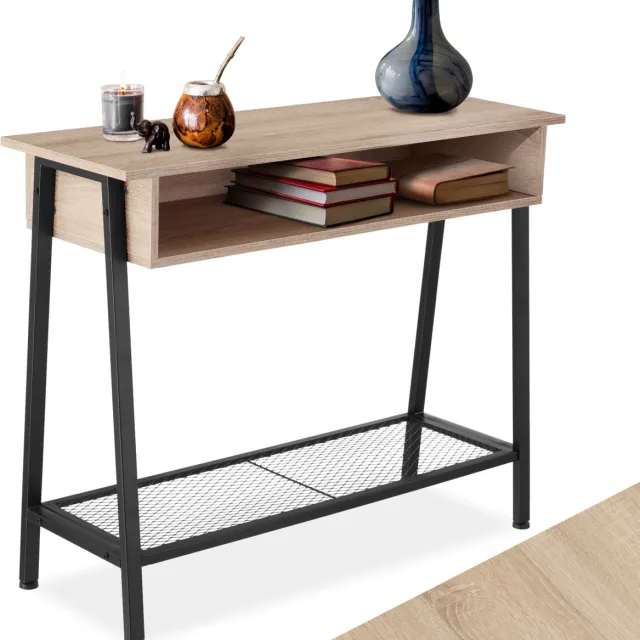 Tectake Consoletafel met opbergvak - Sidetable - Houten dressoir met roosterplank - Industrieel design - Zwart metalen frame in trapeziumvorm - Afmeting (LxBxH) 100 x 35 x 80,5 cm - Lichtbruin