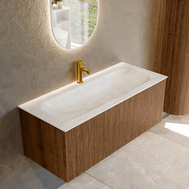 Mondiaz KURVE-DLUX 110 cm Onderkast Greeploos 1 Lade Zonder Deuren Walnut, Wastafel Solid Surface Volledig Ostra 1 Kraangat Zonder Spiegel (KRVBGM1101L0D1KM-Wal/Ost)