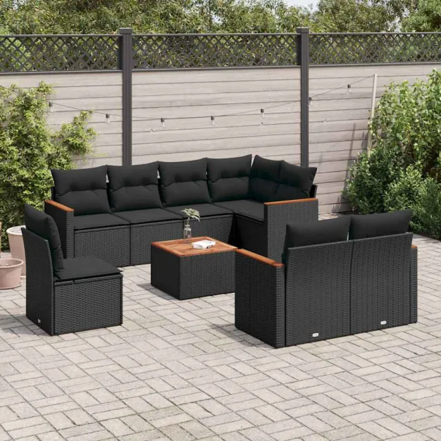 vidaXL 9-delige Loungeset met kussens poly rattan zwart, foto 2
