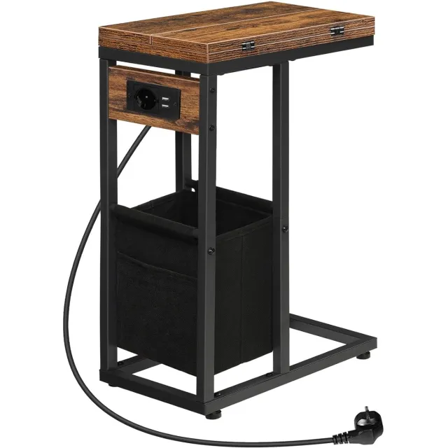 Trankielo Multifunctionele Bijzettafel met Geïntegreerd Laadstation – C-Vormig Design – Inklapbaar Tafelblad – Extra Opbergruimte met Stoffen Tas – Vintage Bruin & Zwart Zwart bruin