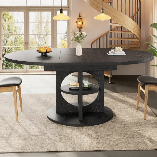 HAUSS SPOLE Eettafel - Uitschuifbaar Met Opbergrek En Ovaal Rond Blad - Voor Eetkamer En Keuken - MDF Metaal - 110-150x110x76 Cm Zwart