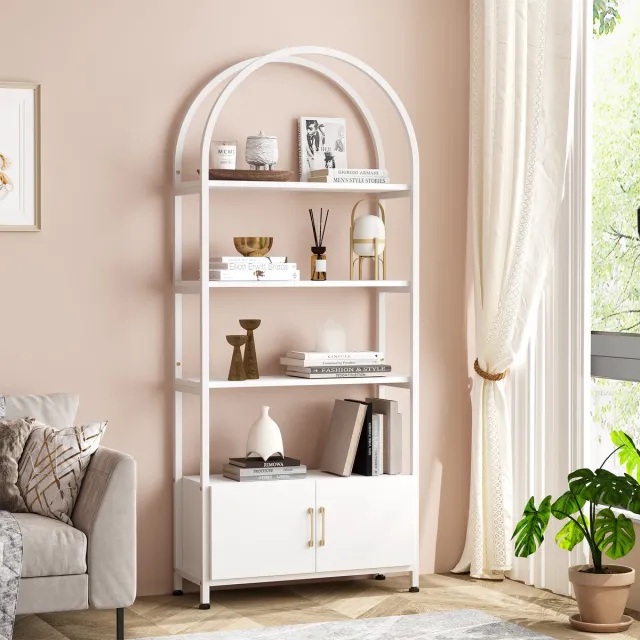 Triumpunpre Boekenkast 4 Lagen met Opbergkast - 80x28x180cm - Boogvormige Boekenkast - Metalen Frame - Hoog Boekenrek - Voor Woonkamer Kantoor - Wit