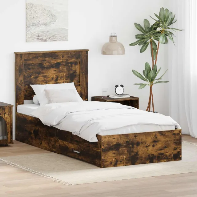 vidaXL Bedframe met lade Gerookt eiken 90 x 190 cm Bewerkt hout Bruin