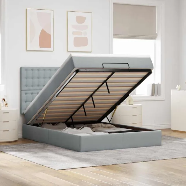 vidaXL Ottoman bed met matras 140x200cm stof lichtgrijs grijs