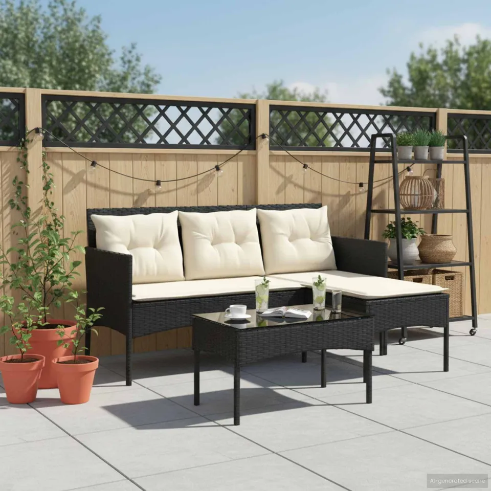 vidaXL Tuinbankenset 2 st Zwart en Crème poly rattan, foto 3