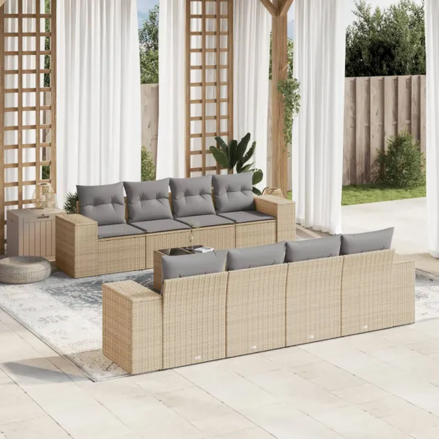 vidaXL 9-delige Loungeset met kussens poly rattan beige, foto 2
