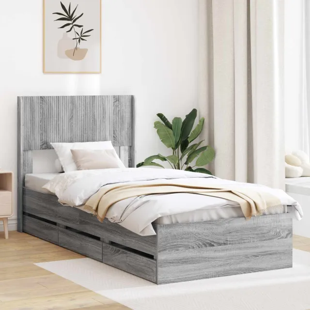 vidaXL Bedframe met opbergruimte en hoofdbord Grijs sonoma 75 x 190 cm