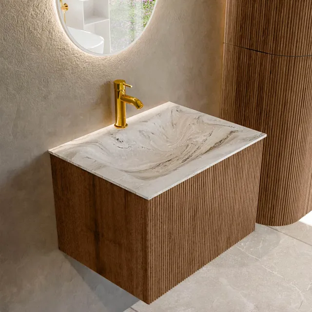 Mondiaz KURVE-DLUX 60 cm Onderkast Greeploos 1 Lade Zonder Deuren Walnut, Wastafel Solid Surface Midden Glace 1 Kraangat Zonder Spiegel (KRVCLO601L0D1KM-Wal/Gla)