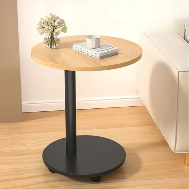Stunq Ronde bijzettafel op wielen met licht houten blad en zwarte basis