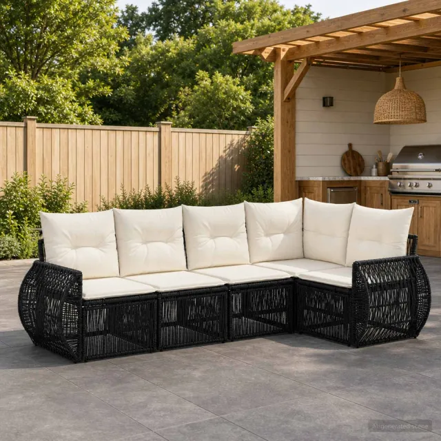 vidaXL Tuinbankenset 5 st 5-zits Zwart en Cream Wit poly rattan, foto 2