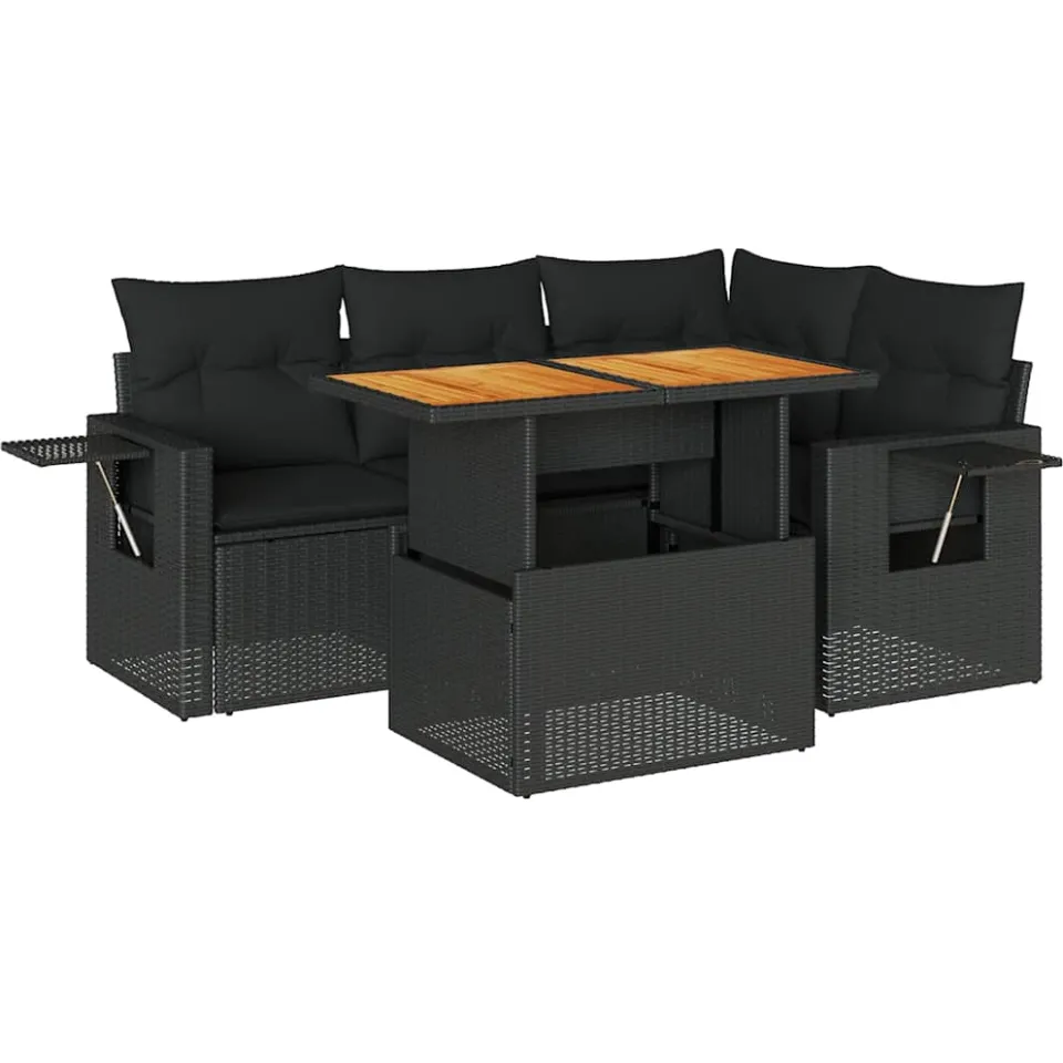 vidaXL 5-delige Loungeset met kussens poly rattan zwart, foto 3