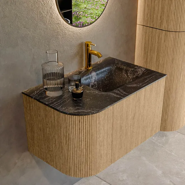 Mondiaz KURVE-DLUX 75 cm Onderkast Greeploos 1 Lade Met Deuren Oak, Wastafel Solid Surface Rechts Lava 1 Kraangat Zonder Spiegel (KRVGRU75L1L1D1KR-Oak/Lav)