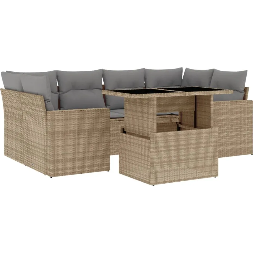 vidaXL 7-delige Loungeset met kussens poly rattan beige, foto 3