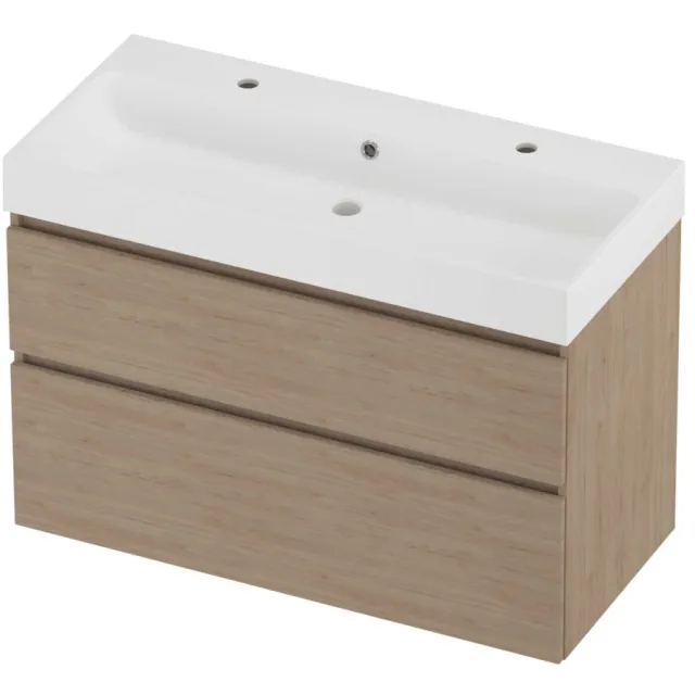 Proline Podium Badmeubelset Polystone Loft 2 Kraangaten 100x46x70 cm Mat White Ideal Oak Eiken