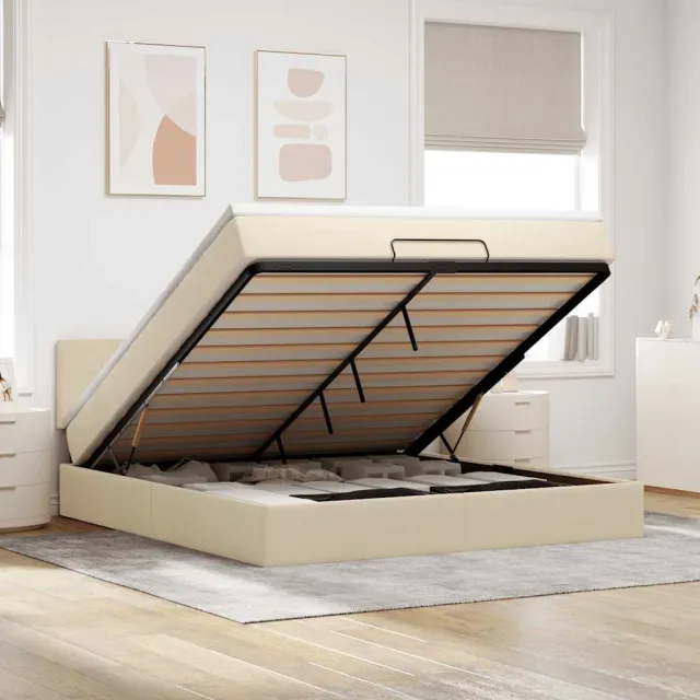 vidaXL Bed poef met matras en LED's 180x200 cm stof crèmekleurig