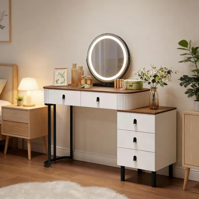 Zubaliya Kaptafel met LED-spiegel en 5 lades - bruin en wit - 100 x 40 x 125 cm