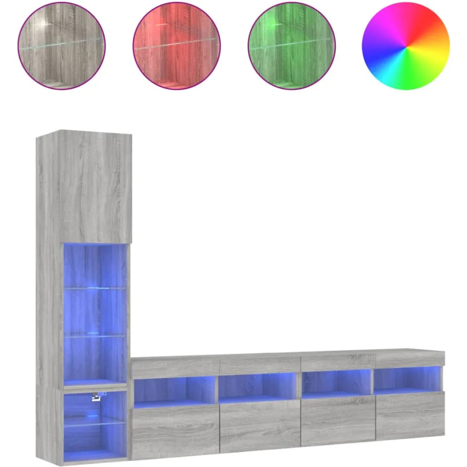 vidaXL 4-delige Tv-wandmeubelset met LED bewerkt hout grijs sonoma, foto 4