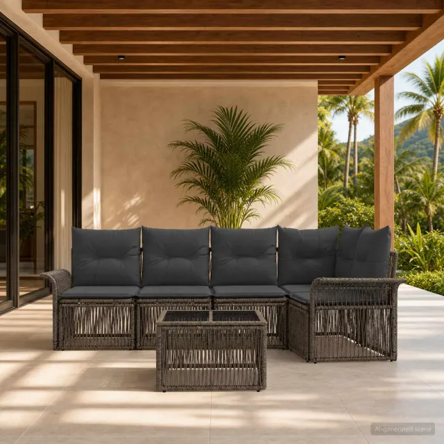 vidaXL Tuinbankenset 6 st 5-zits Grijs poly rattan, foto 2