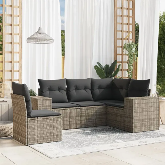 vidaXL 5-delige Loungeset met kussens poly rattan grijs, foto 2