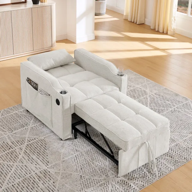 COVREO Slaapfauteuil 190 x 85 x 86 cm - beige stof, 3-in-1 met verstelbare rugleuning en USB