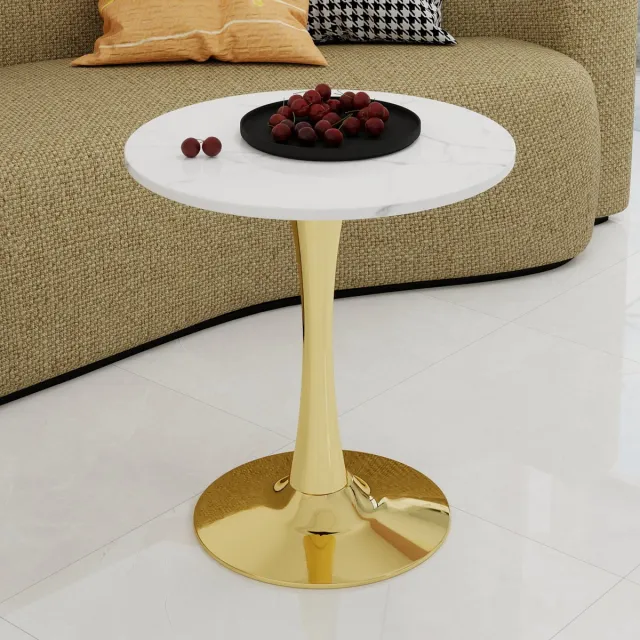 FloraGrace Salontafel - Ronde Tafel Met Marmerlook - Voor Woonkamer En Eethoek - Kunstmarmer - Goudwit