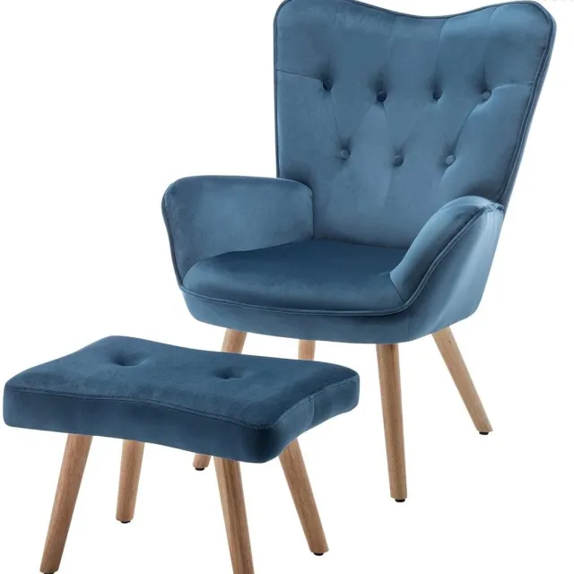 RFWR Stijlvolle Fauteuil met Voetensteun van Fluweel voor Woonkamer en Slaapkamer Blauw