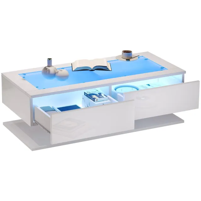 Merax Salontafel met LED en Glasplaat 100x50x35 cm – Hoogglans Witte Koffietafel met 2 Lades en Opbergruimte – Moderne Woonkamertafel