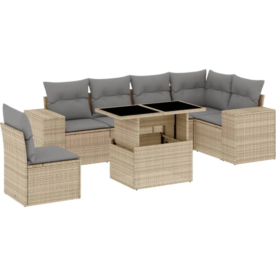 vidaXL 7-delige Loungeset met kussens poly rattan beige, foto 3