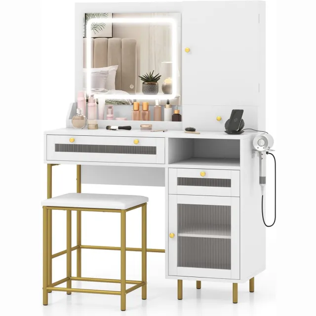 Costway Make-uptafel met ledverlichting, kaptafel met laadstation, sieradenkast, kruk, spiegel, 3 laden, kast & haardrogerhouder, cosmeticatafel, wit