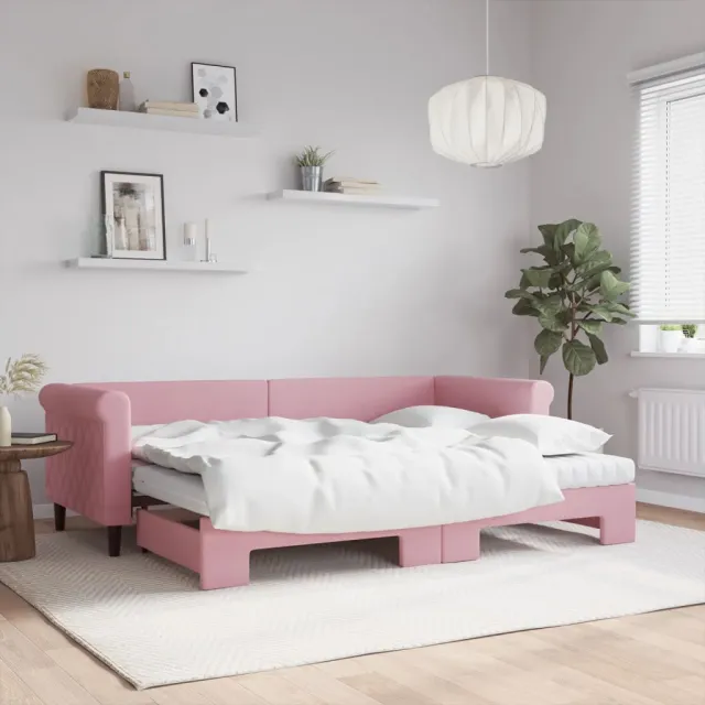 vidaXL Slaapbank onderschuifbed en matrassen 80x200 cm fluweel roze