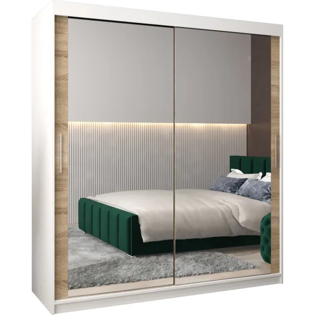 InspireME Kledingkast met 2 schuifdeuren, Modern-stijl, Kledingkast met planken (BxHxD): 180x200x62 - TORM III 180 Wit Mat + Sonoma Eik met 4 lades