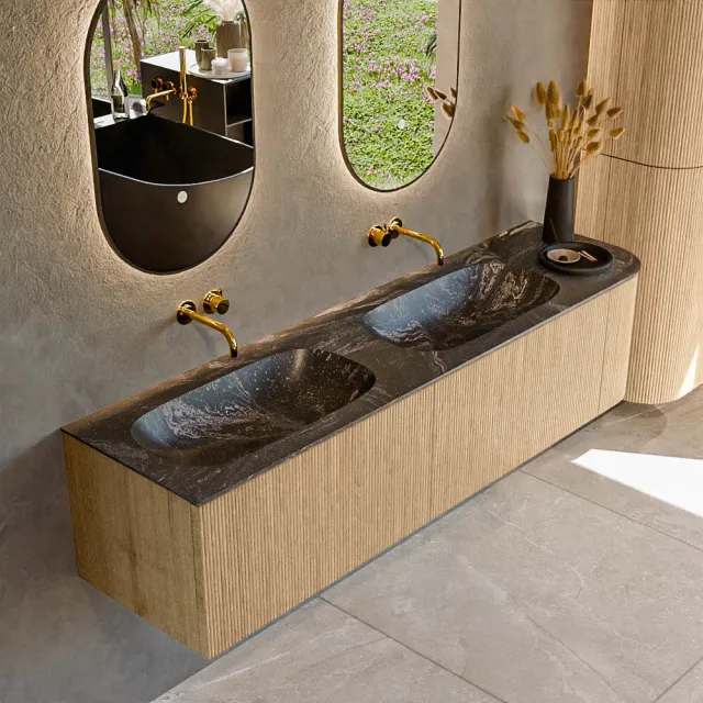 Mondiaz KURVE-DLUX 175 cm Onderkast Greeploos 2 Lades Met Deuren Oak, Wastafel Solid Surface Links Lava 0 Kraangaten Zonder Spiegel (KRVSTS175R2L1D0KD-Oak/Lav)