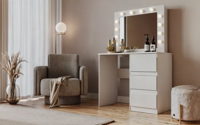 Meubel Square Kaptafel Zolda - Wit - Cosmeticatafel met Spiegel en 12 LED lampen - 3 lades - Moderne