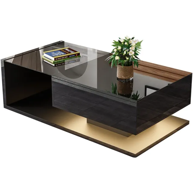 YYchan Salontafel - Gehard Glas met 16-kleuren LED Verlichting - Luxe Hoogglans Koffietafel - Opbergvak - 105 x 55 x 32.5 cm - Zwart