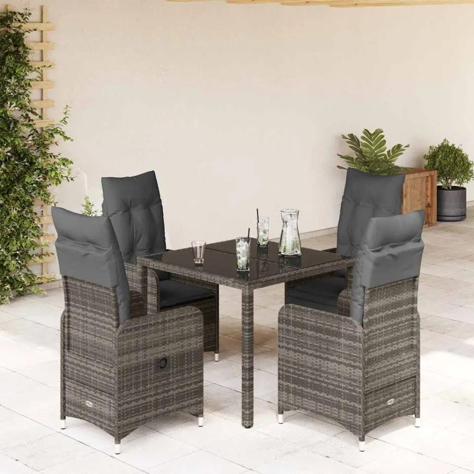 vidaXL 5-delige Bistroset met kussens poly rattan grijs, foto 3