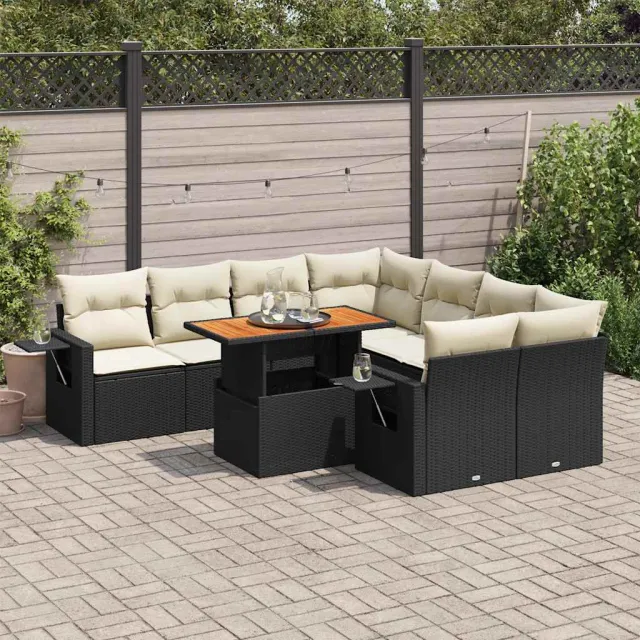 vidaXL 9-delige Loungeset met kussens poly rattan zwart, foto 2