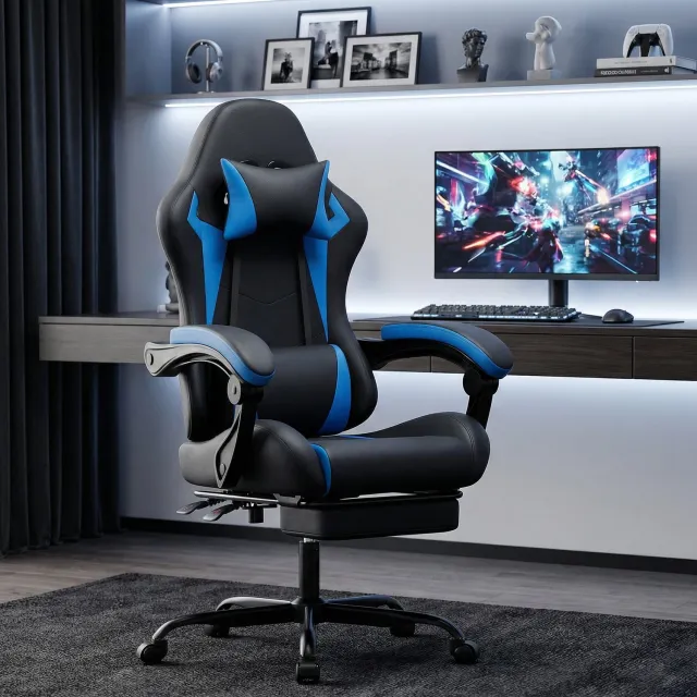 CHICFURN Gamingstoel - Verstelbare rugleuning - Voetsteun - Zwart blauw Zwart, blauw