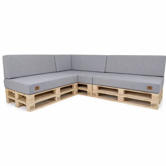ODOL-PLUSZ Palletkussenset Hoekbank 3-delig 120x80 cm + 40x120 cm – UV-bestendige Tuinkussens voor Palletbank met Hoekrugkussen – Linnenlook – Links – Grijs