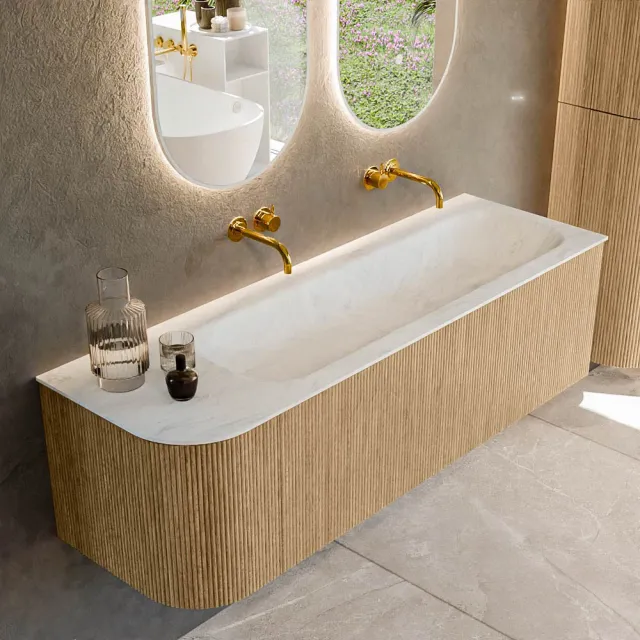 Mondiaz KURVE-DLUX 145 cm Onderkast Greeploos 1 Lade Met Deuren Oak, Wastafel Solid Surface Rechts Opalo 0 Kraangaten Zonder Spiegel (KRVBGL145L1L1D0KR-Oak/Opa)