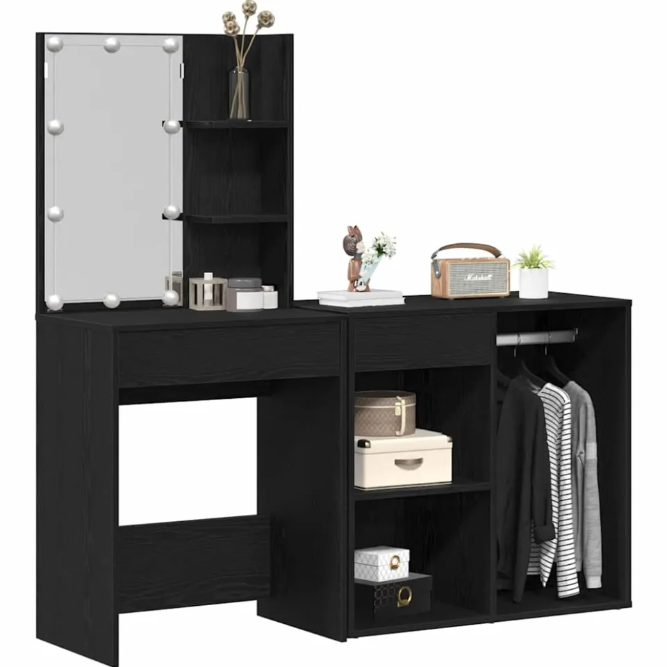 vidaXL LED Make-up Tafel Set Zwart Eiken 140 x 40 x 140 cm