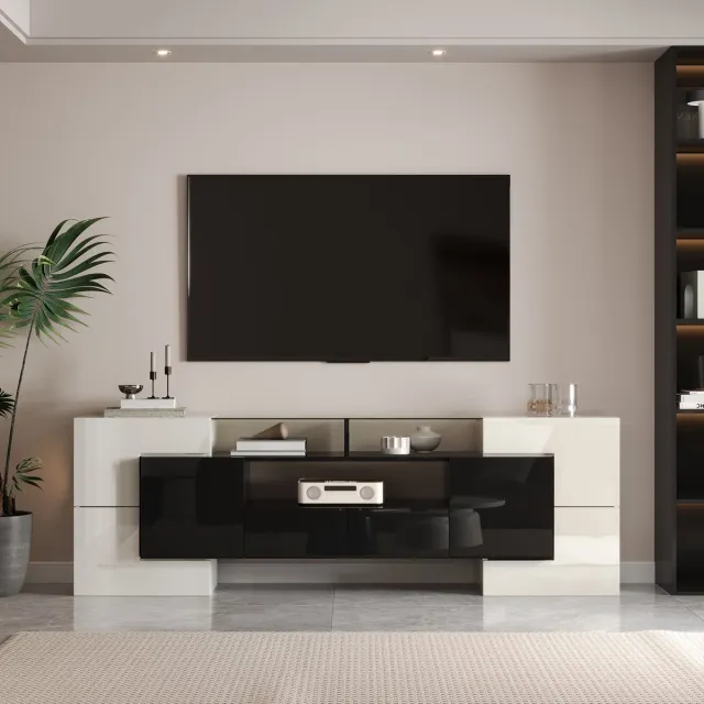 REDOM TV-Meubel - LED-Verlichting En Opbergruimte - Modern - Voor Woonkamer - Spaanplaat - Wit En Zwart - 200 X 35 X 60 Cm Wit+Zwart