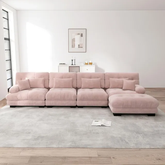 KOMHTOM BLACKCOLORS Modulaire hoekbank, L-vormige bankstel voor de woonkamer, comfortabele Cloud-banken met 4 zitplaatsen en verwijderbare poef, DIY-combinatie, chenille, roze
