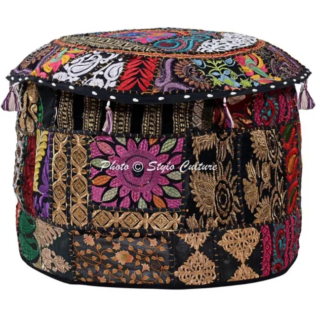 Thuys Katoenen Patchwork Poefhoes – Geborduurde Ottoman Krukhoes – Zwart met Bloemen – Traditionele Sierhoes voor Poef & Kruk