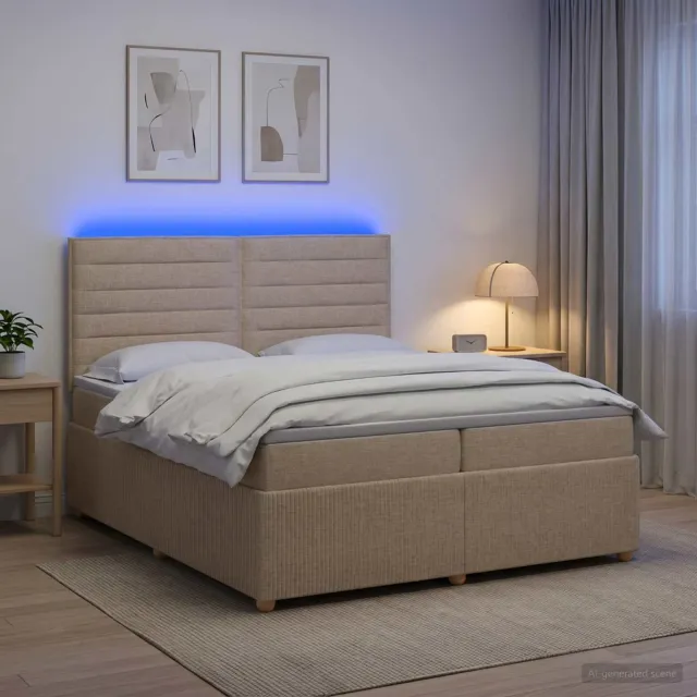 vidaXL LED Boxspring Bed met Matras Crèmekleurig 200 x 200 cm Stof