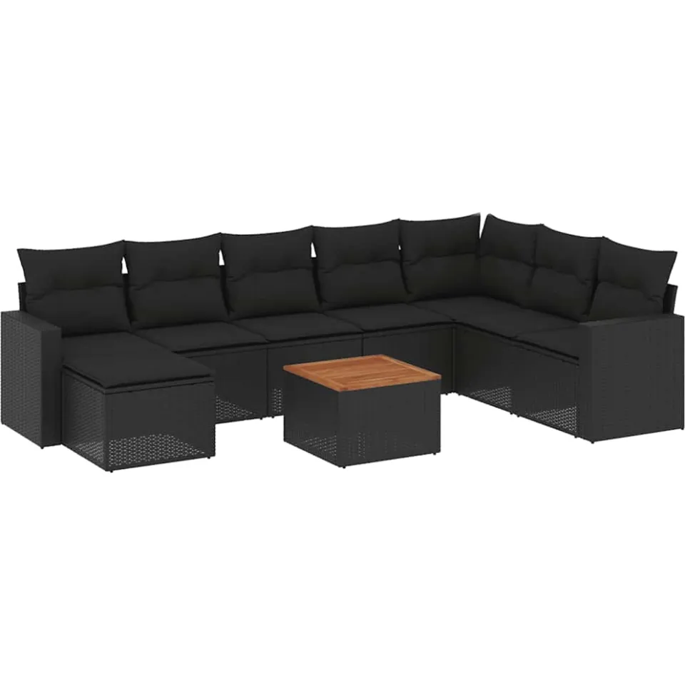 vidaXL 9-delige Loungeset met kussens poly rattan zwart, foto 3