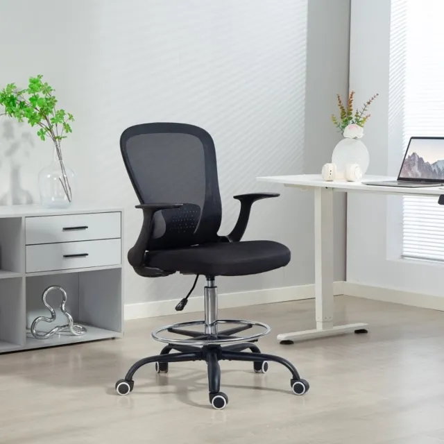 MEUNIQ Bureaustoel hoogteverstelbaar 59 x 62 x 99-119 cm met voetring, lendensteun, verstelbare armleuningen, mesh rugleuning en wielen, zwart