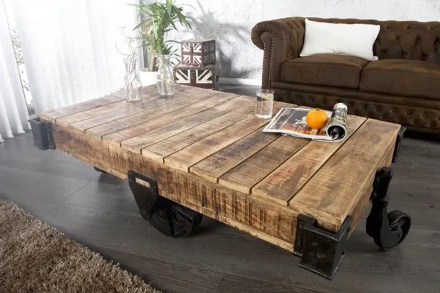 Invicta Interior Solide design salontafel RAILWAY 110cm mangohout met 4 wielen - 36788 Zie omschrijving