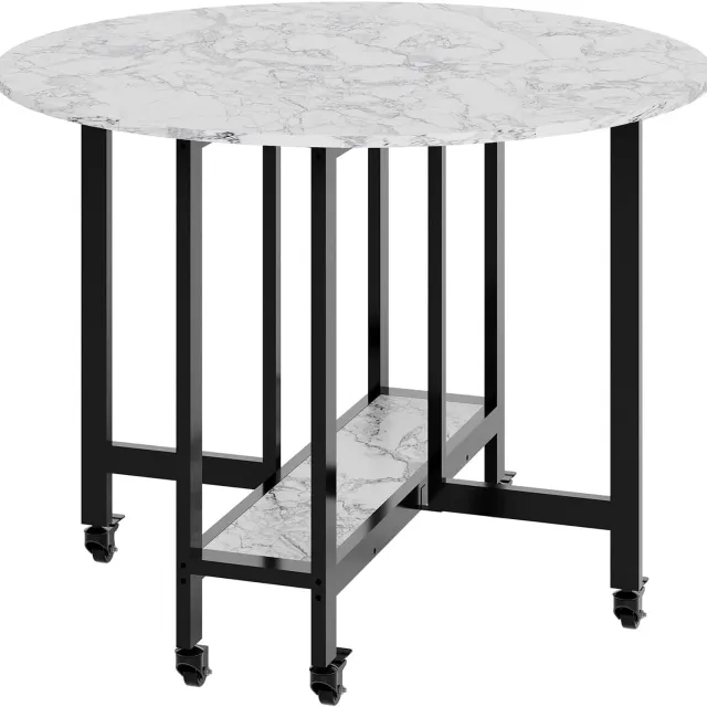 Triumpunpre Inklapbare Tafel Rond - 100 x 100 x 75 cm - voor keuken en eetkamer - met opbergplank en wielen - voor 2 tot 4 personen - Grijs Marmerpatroon
